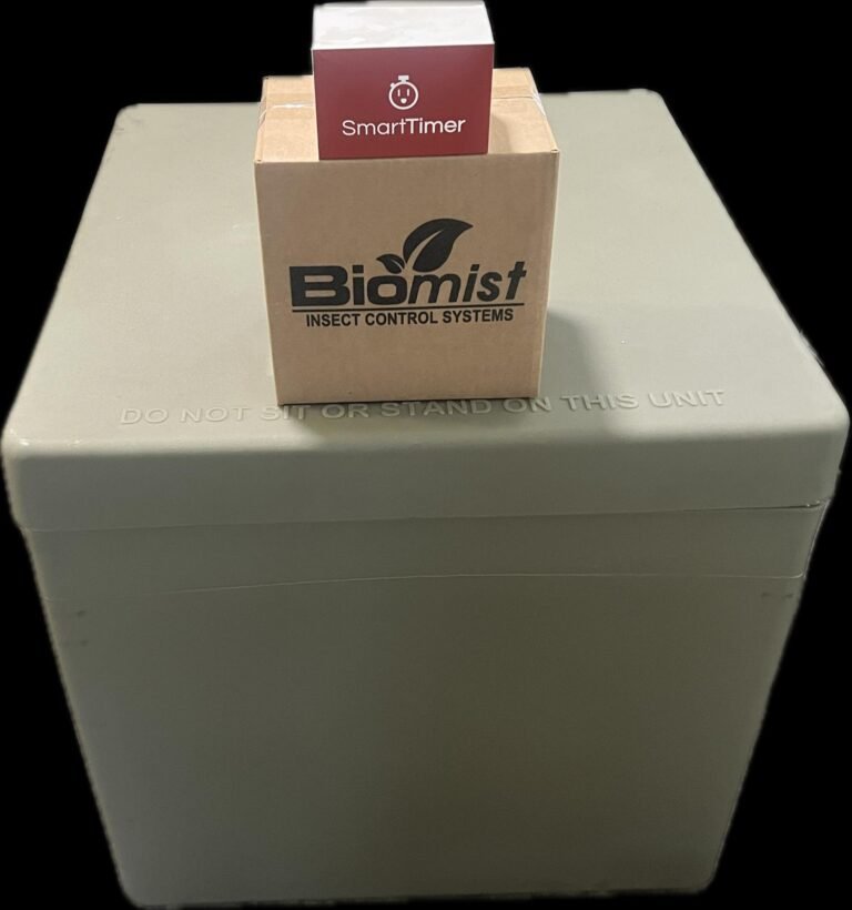 Biomist mosquito elimination misting system with pump box, smart timer, and branded logo